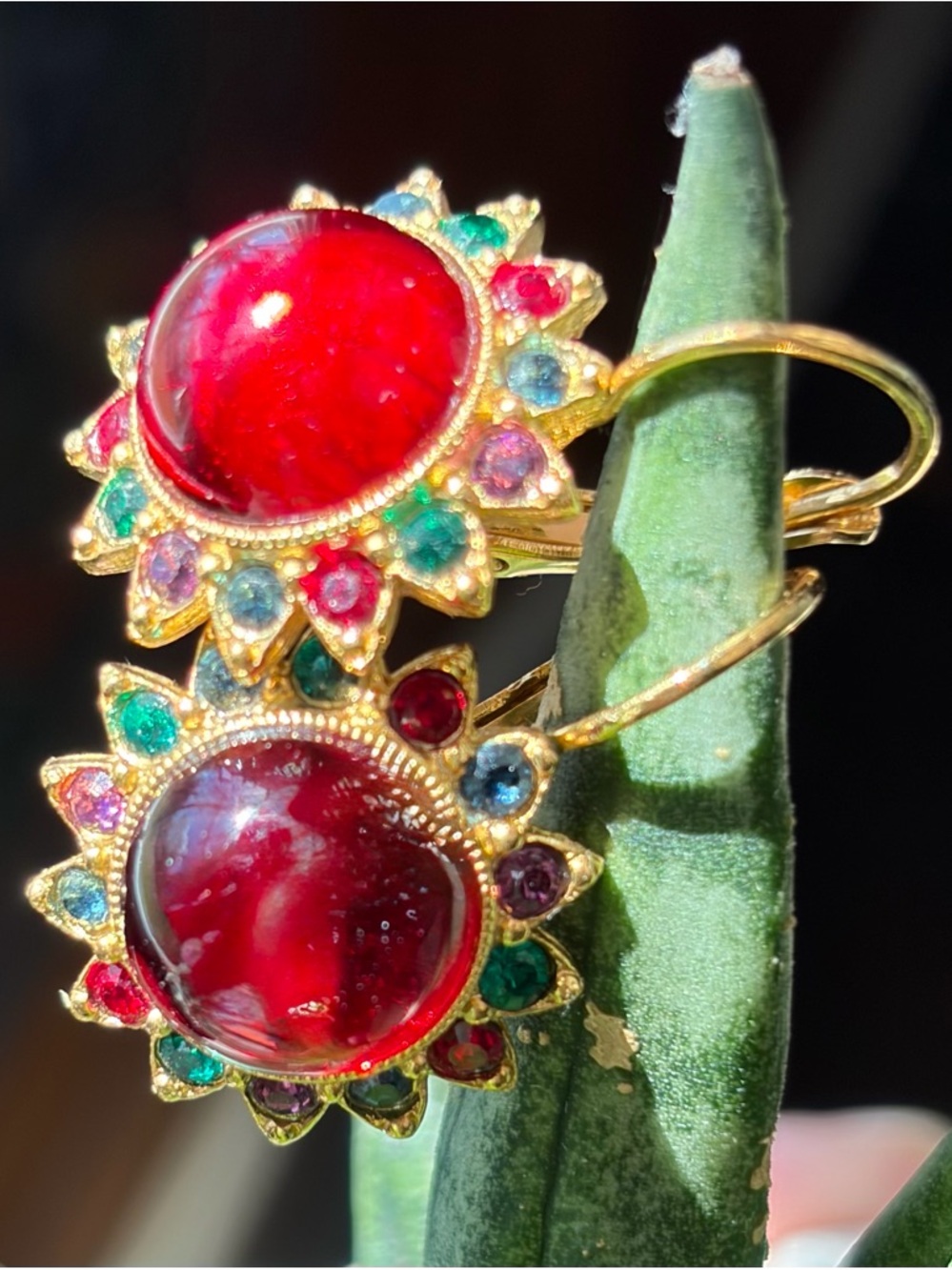 J.R. Gold-Tone Red Cabochon Sunburst Earrings with Multicolor Accent Stones - Picture 4 of 6